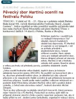 Pěvecký sbor Martinů ocenili na festivalu v Polsku